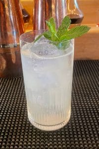 a bright shiny cocktail in a highball glass with a mint sprig on top as a garnish